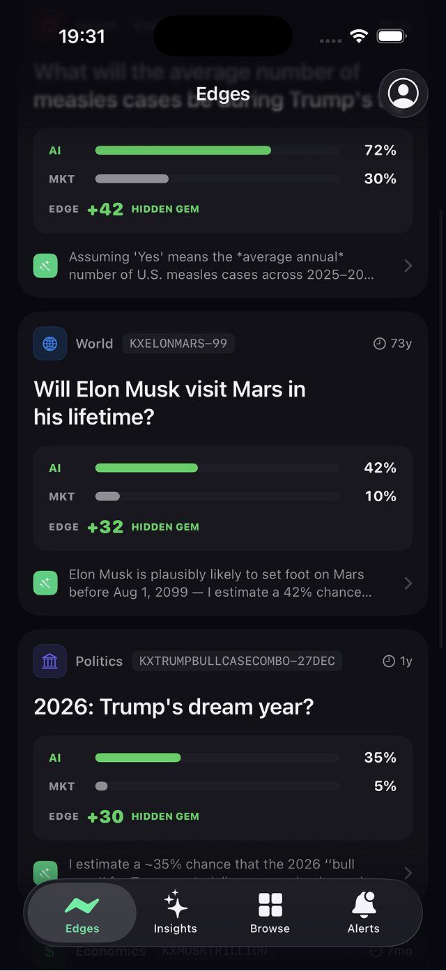 AI probability vs market price — spot the edge.